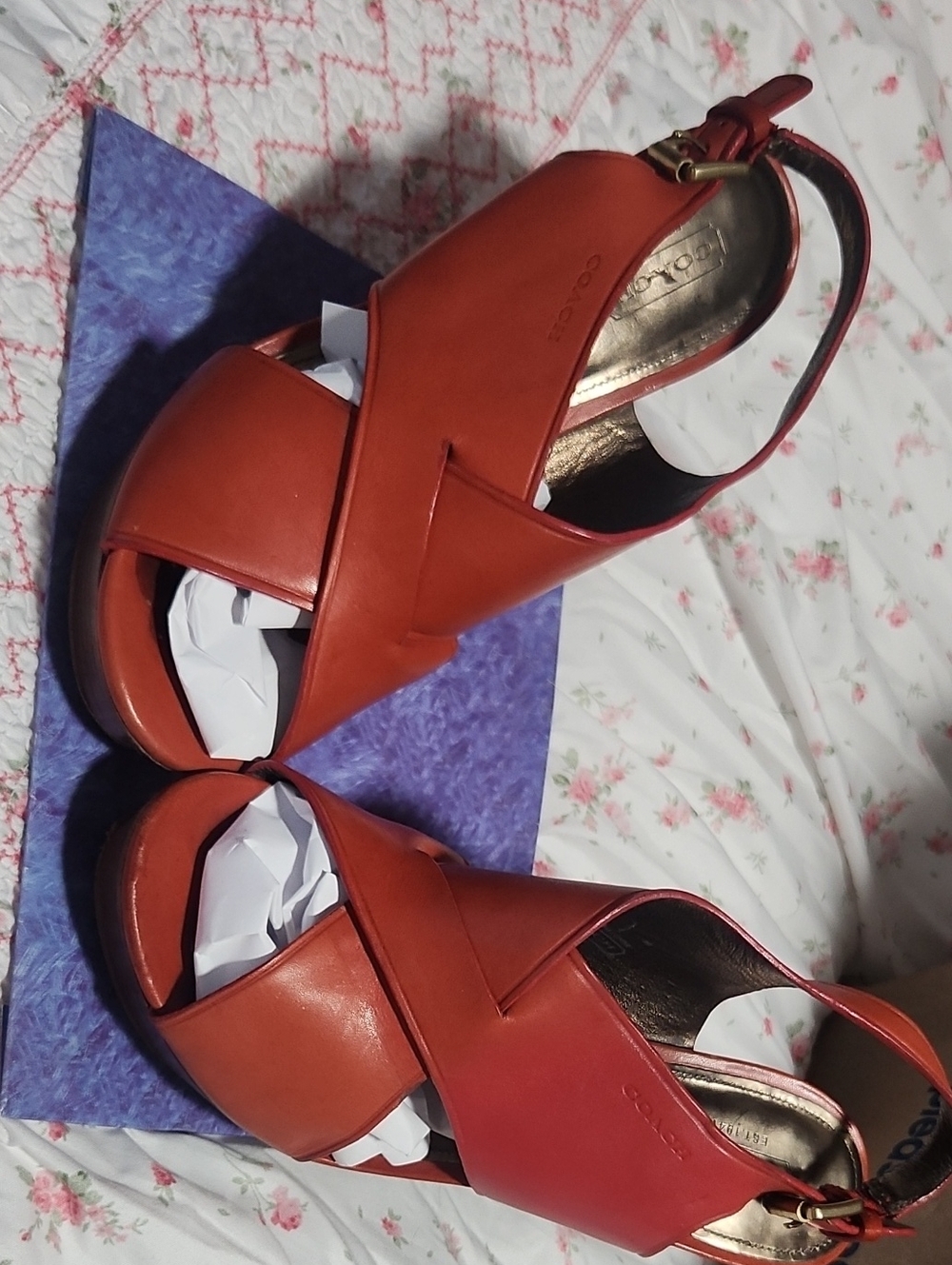 Coach Red-Orange Leather Wedge Slingback Sandals